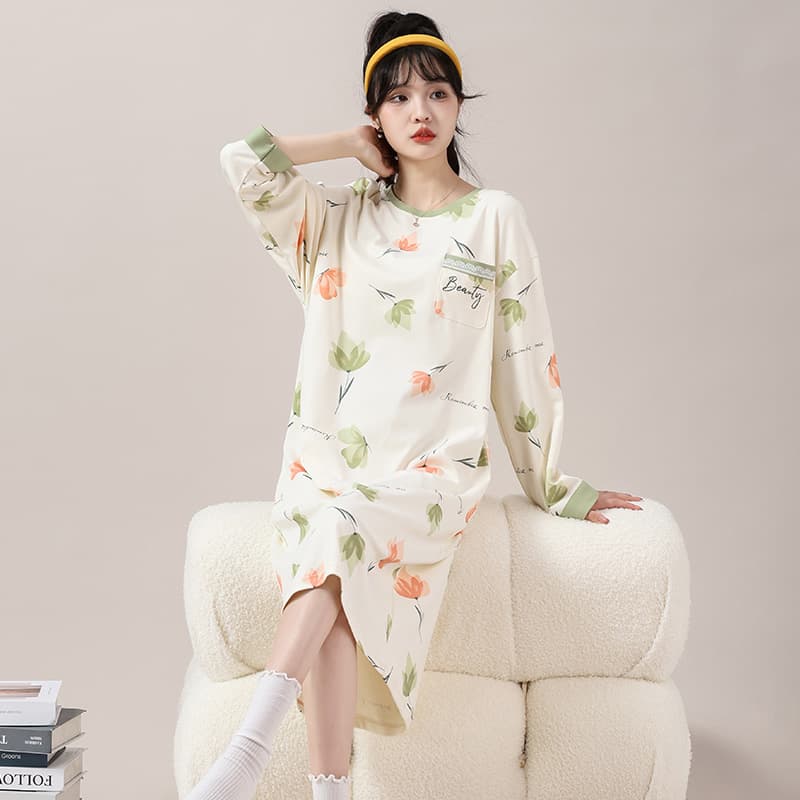 ロングワンピース ニット 花柄ゆったりおうち着ワンピース