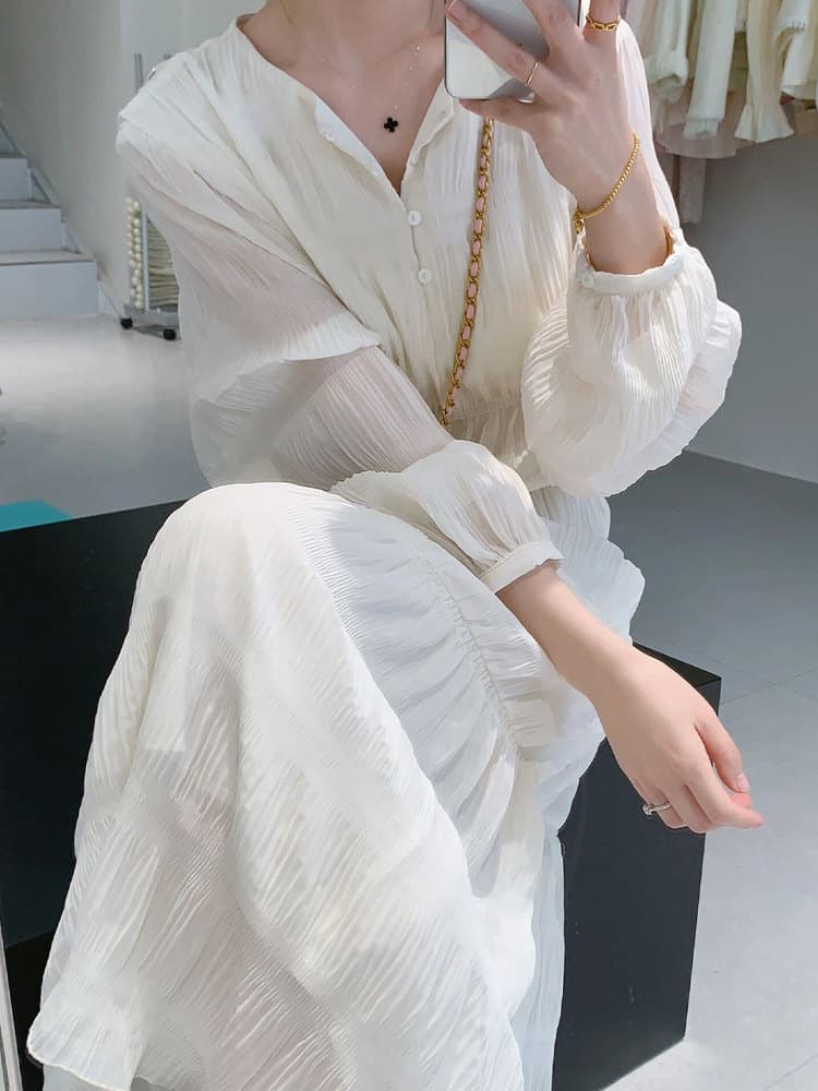 ロングワンピース レース ティアードフリル袖ふんわりロングワンピース
