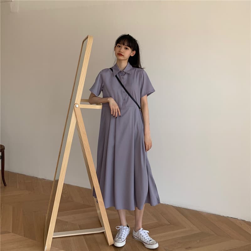 ロングワンピース シャツ 襟付き半袖ロングシャツワンピース