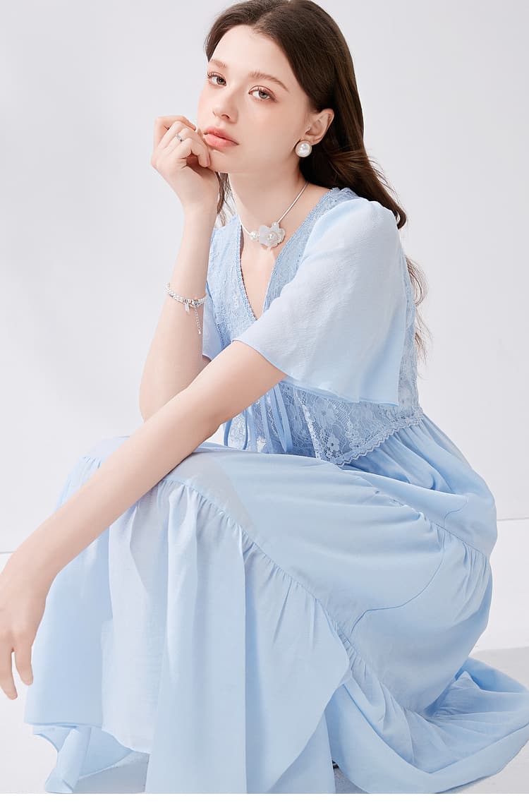 ロングワンピース レース 胸元レース ティアードロングワンピース
