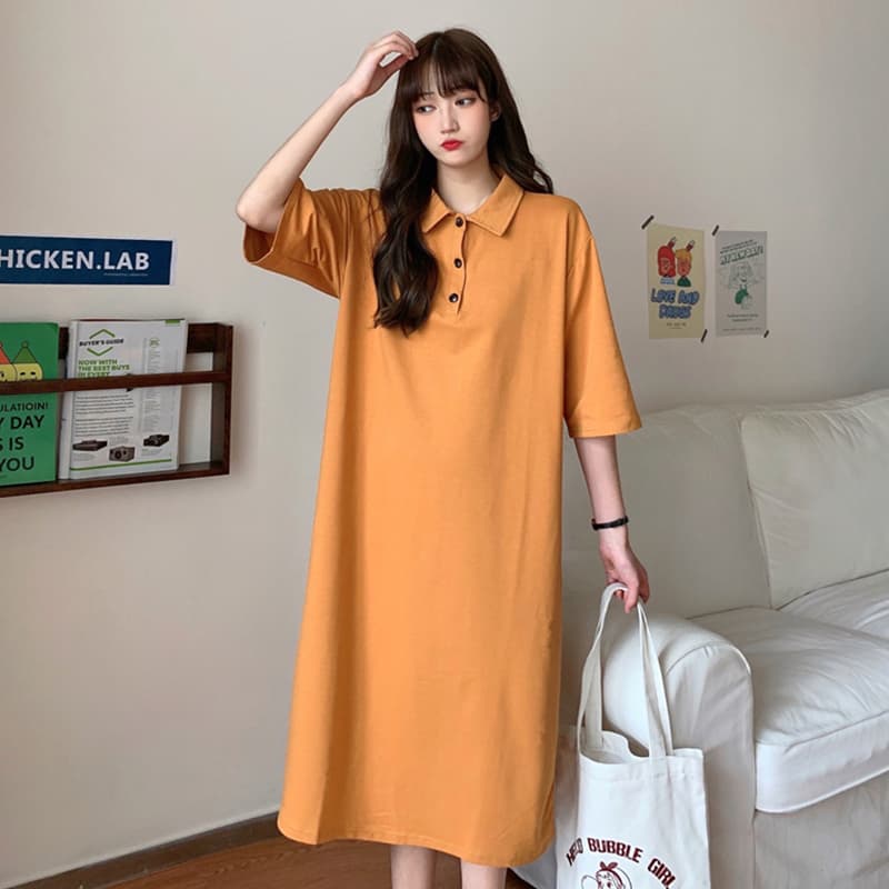 ロングワンピース シャツ ゆったり襟付き半袖ロングワンピース
