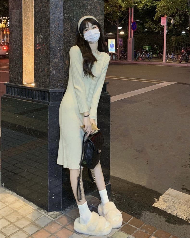 ロングワンピース しなやかリブ編みワンピース