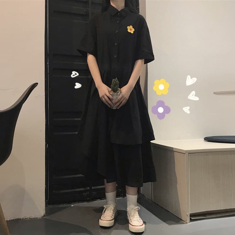 ロングワンピース シャツ フラワー刺繍付き半袖シャツワンピース