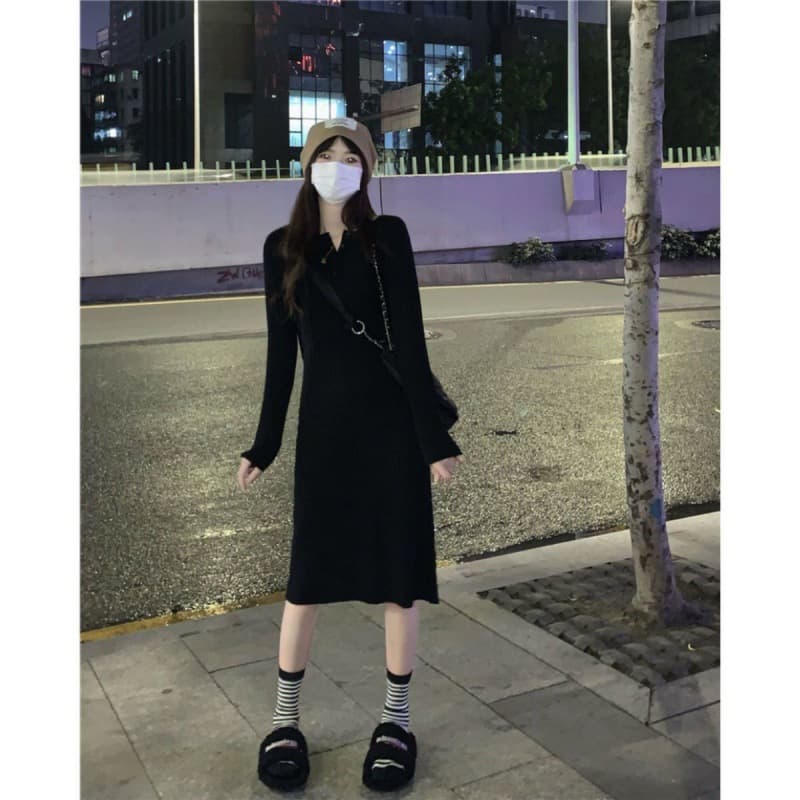 ロングワンピース しなやかリブ編みワンピース