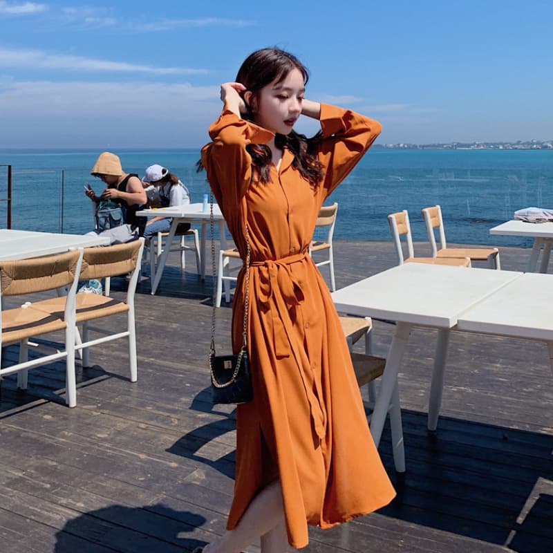 ロングワンピース シャツ ウエストリボン付き襟元すっきりシャツワンピース