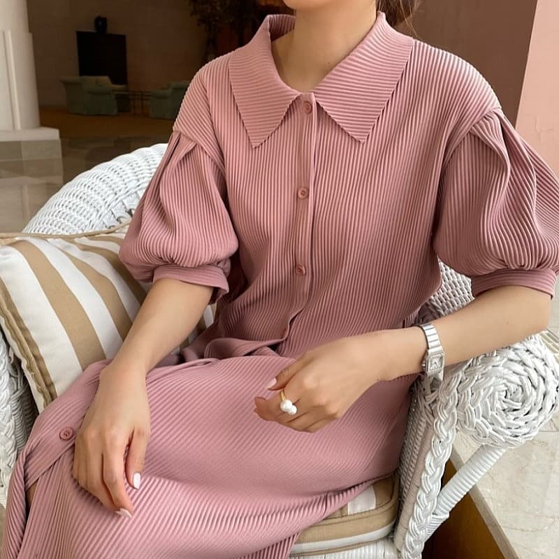ロングワンピース ポロシャツ 襟付きリブニットロングワンピース前開きボタン
