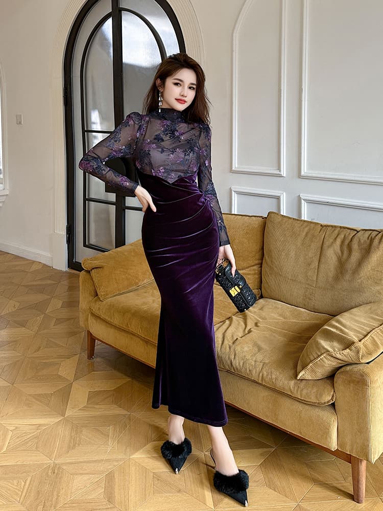 ロングワンピース レース 優雅なシースルーレース切替ベロアワンピース