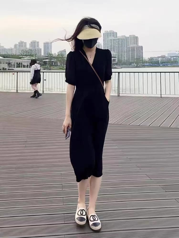 ロングワンピース シャツ 深襟パフスリーブウエストマークロングワンピース