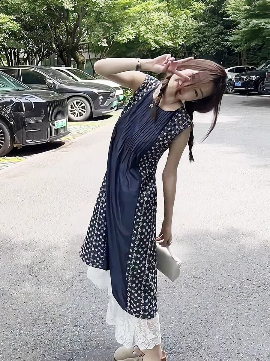 ロングワンピース レース 裾レース重ね着風ノースリーブロングワンピース
