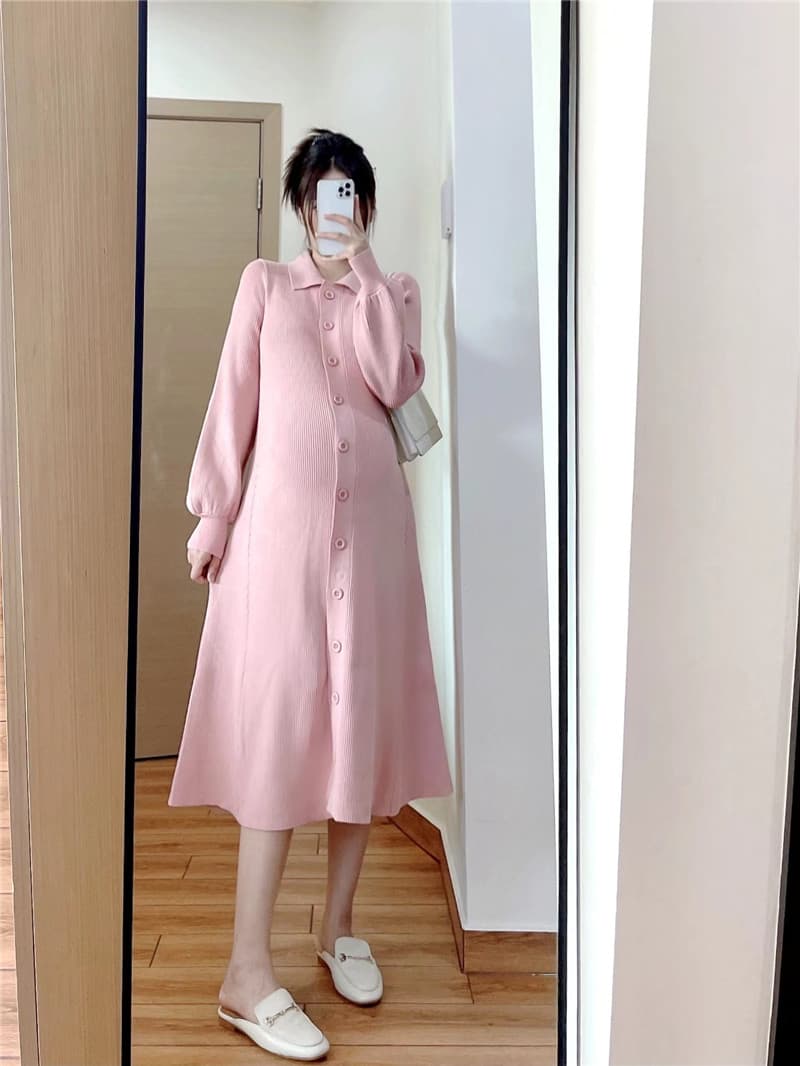 ロングワンピース ポロシャツ 襟付きニットリブ前開きロングワンピース