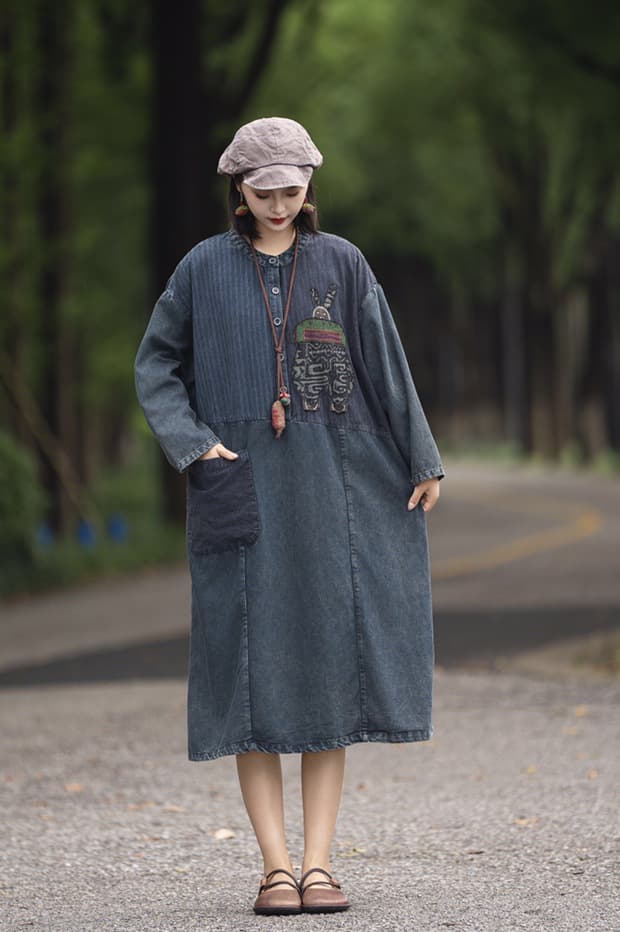 ロングワンピース 民族調刺繍入り ゆったりデニムワンピース