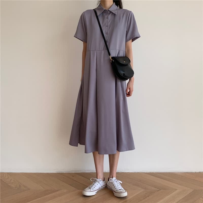 ロングワンピース シャツ 襟付き半袖ロングシャツワンピース