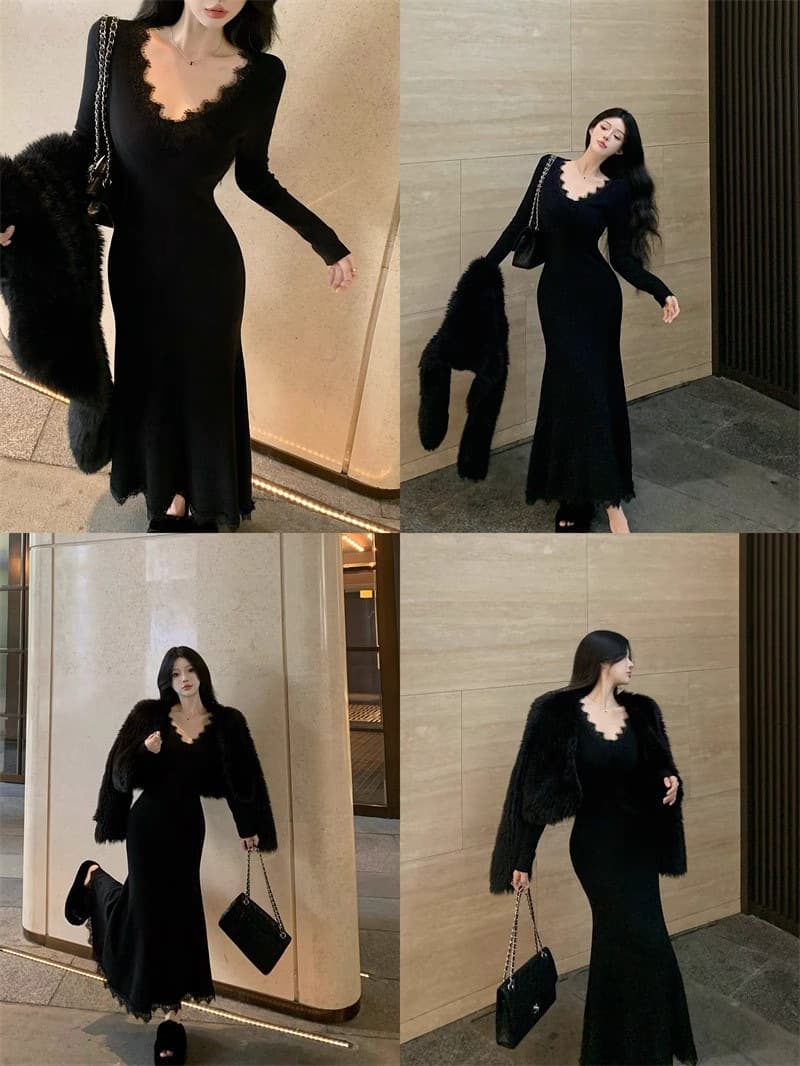 ロングワンピース 優美なレースデコルテマーメイドワンピース