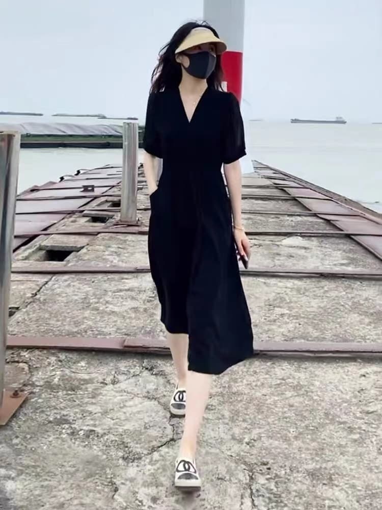 ロングワンピース シャツ 深襟パフスリーブウエストマークロングワンピース