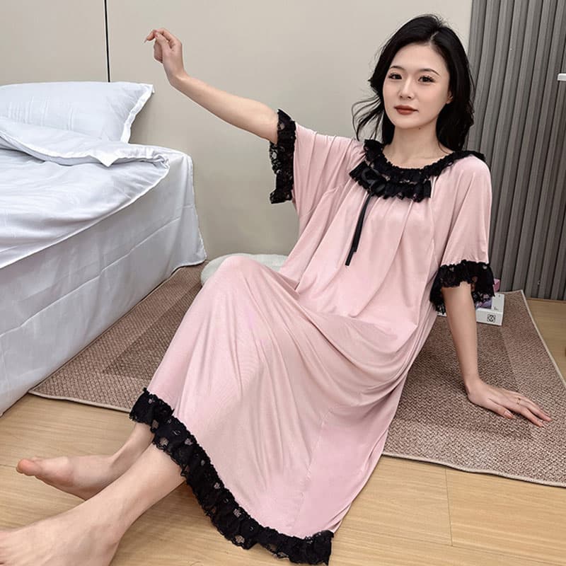 ロングワンピース レース 優美レース飾りゆったりナイトドレス