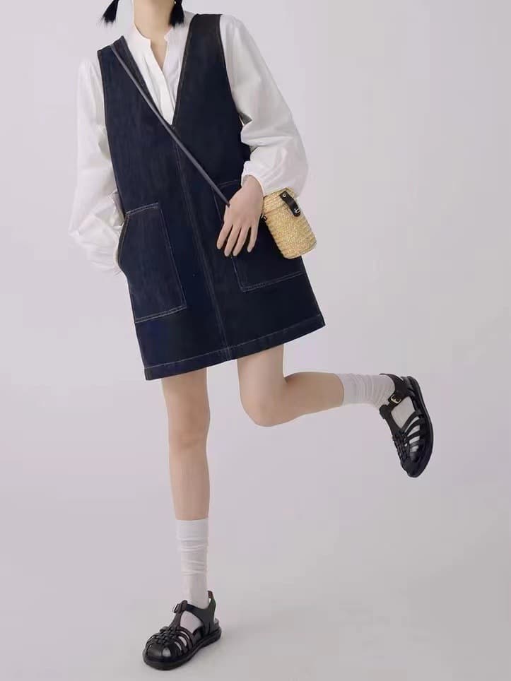 ロングワンピース デニムジャンパースカート ゆったりシルエット