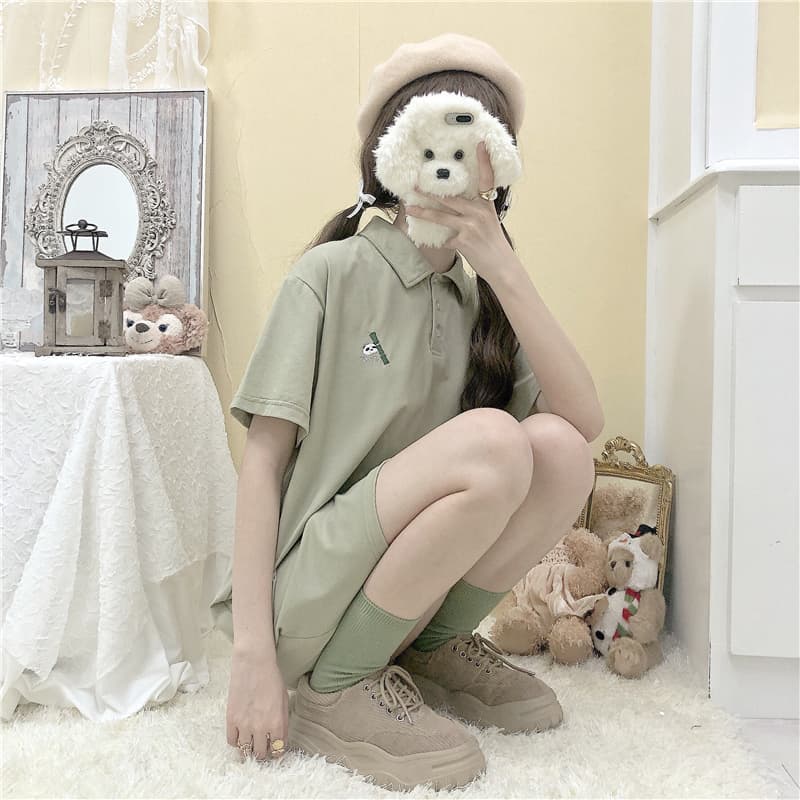 ロングワンピース ポロシャツ 野菜刺繍ワンポイント付き襟付きロングワンピース
