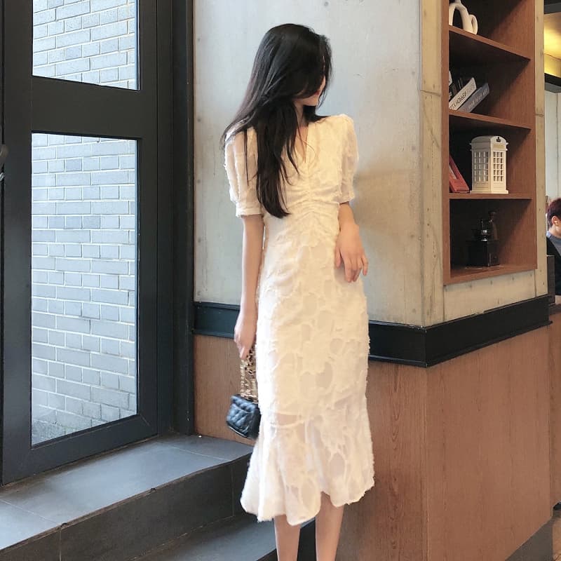 ロングワンピース レース 立体フラワー刺繍レースロングワンピース