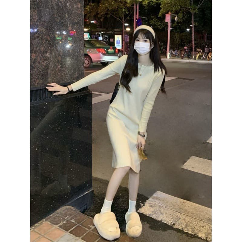 ロングワンピース しなやかリブ編みワンピース