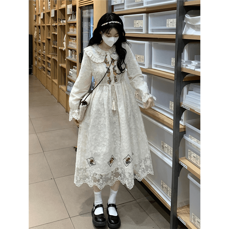 ロングワンピース レース 襟付き花柄刺繍レースロングワンピース