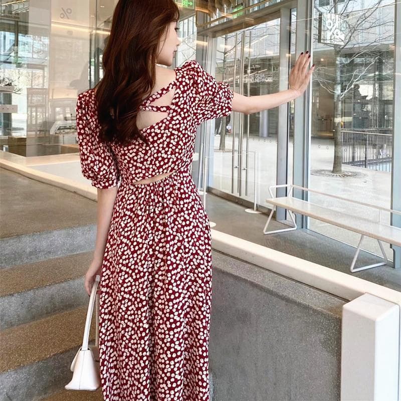 ロングワンピース レース 花柄総柄七分袖背中開きロングワンピース