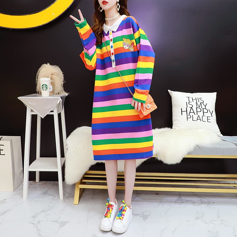 ロングワンピース かわいい縞模様のふんわりポロワンピース