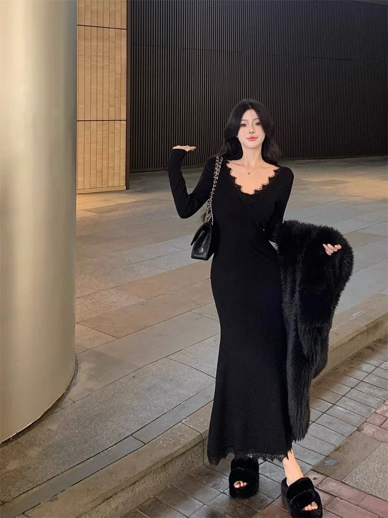 ロングワンピース 優美なレースデコルテマーメイドワンピース