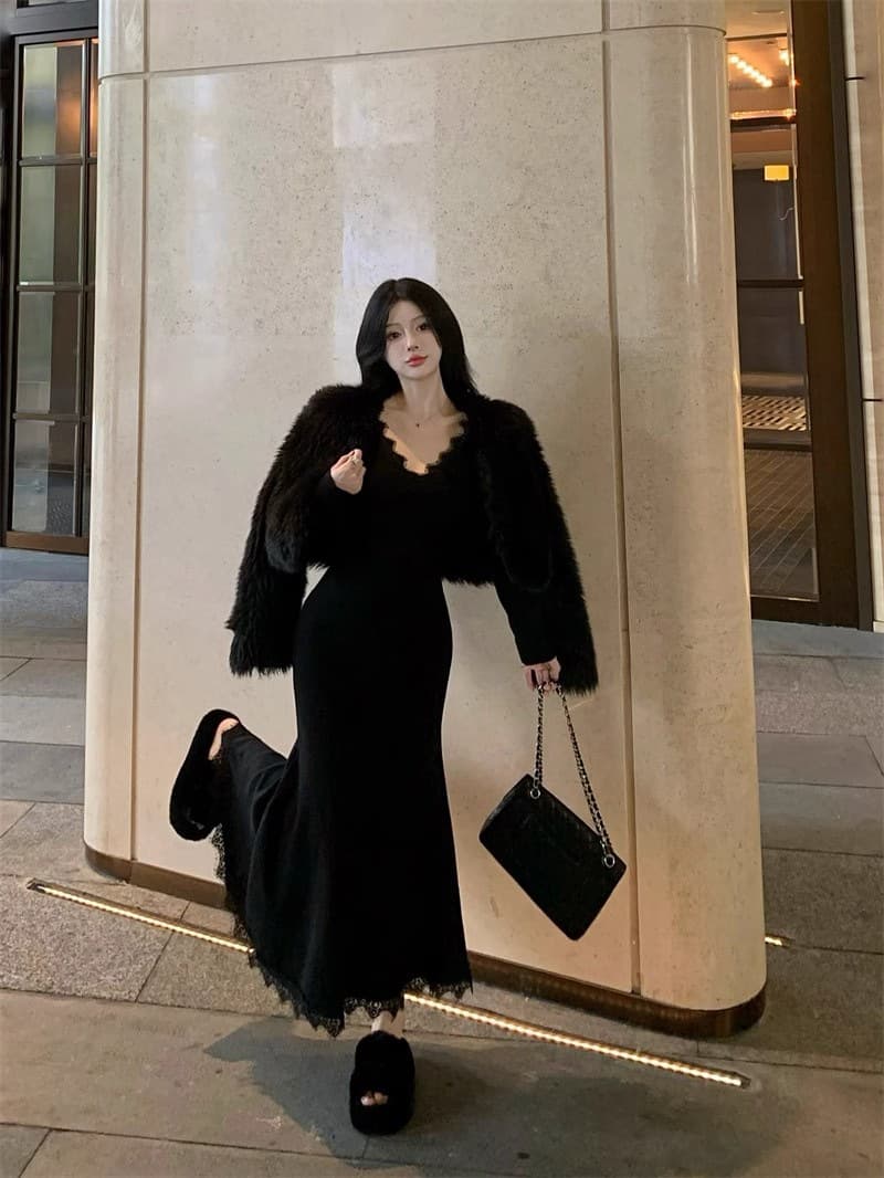 ロングワンピース 優美なレースデコルテマーメイドワンピース
