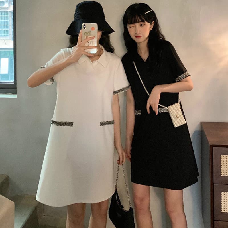 ロングワンピース ポロシャツ レース配色トリム付き襟付きワンピース