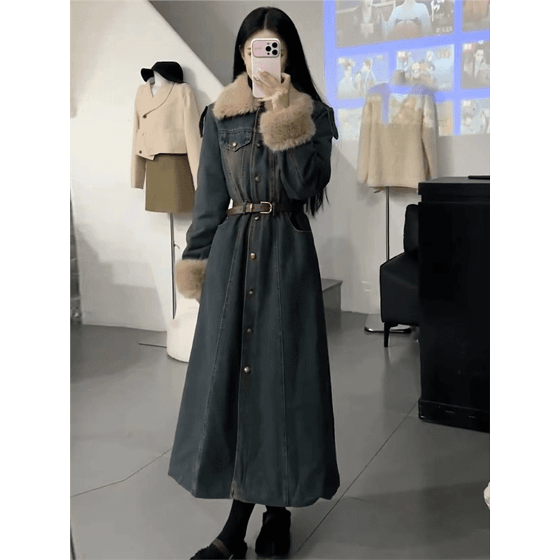 ロングワンピース ファー付きデニムロングワンピース