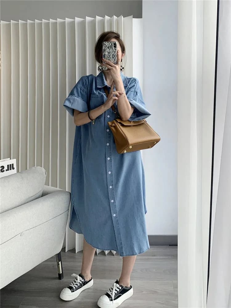 ロングワンピース シャツ デニム素材の襟付き半袖ロングシャツワンピース