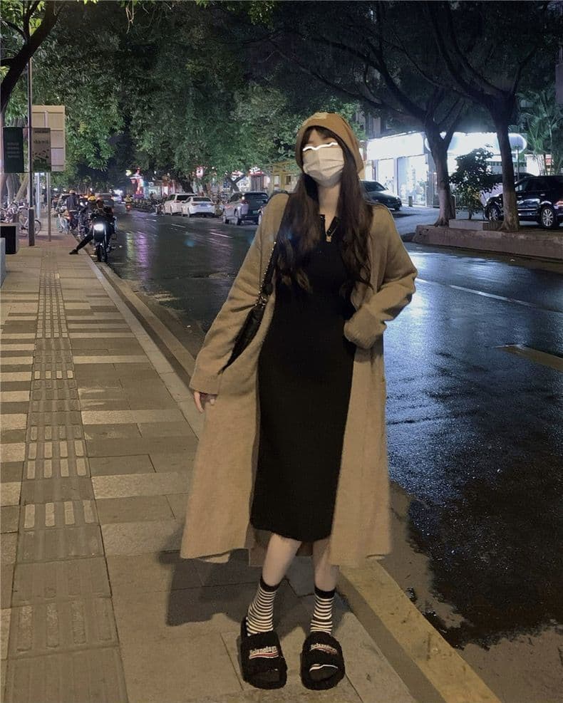ロングワンピース しなやかリブ編みワンピース