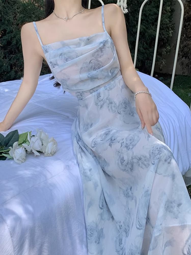 ロングワンピース キャミ 花柄シフォン素材キャミソールロングワンピース