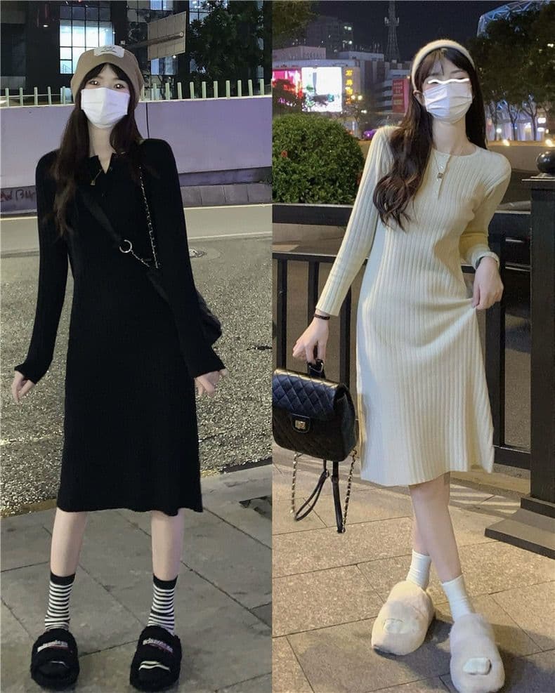 ロングワンピース しなやかリブ編みワンピース