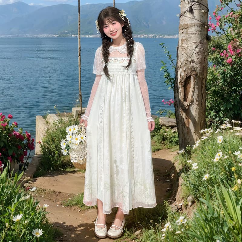 ロングワンピース レース 湖畔の風レースロングワンピース