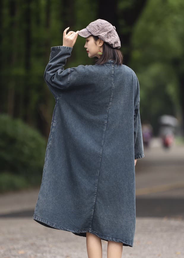ロングワンピース 民族調刺繍入り ゆったりデニムワンピース