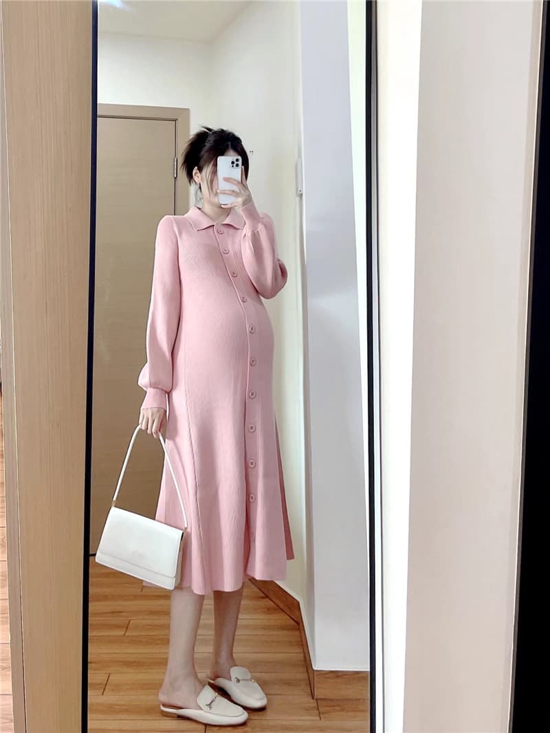 ロングワンピース ポロシャツ 襟付きニットリブ前開きロングワンピース