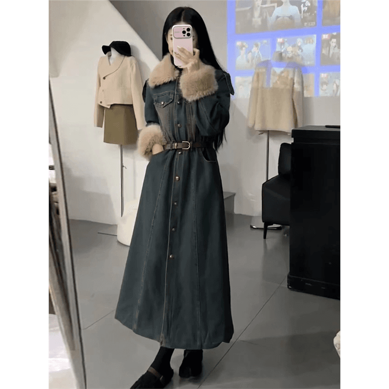 ロングワンピース ファー付きデニムロングワンピース