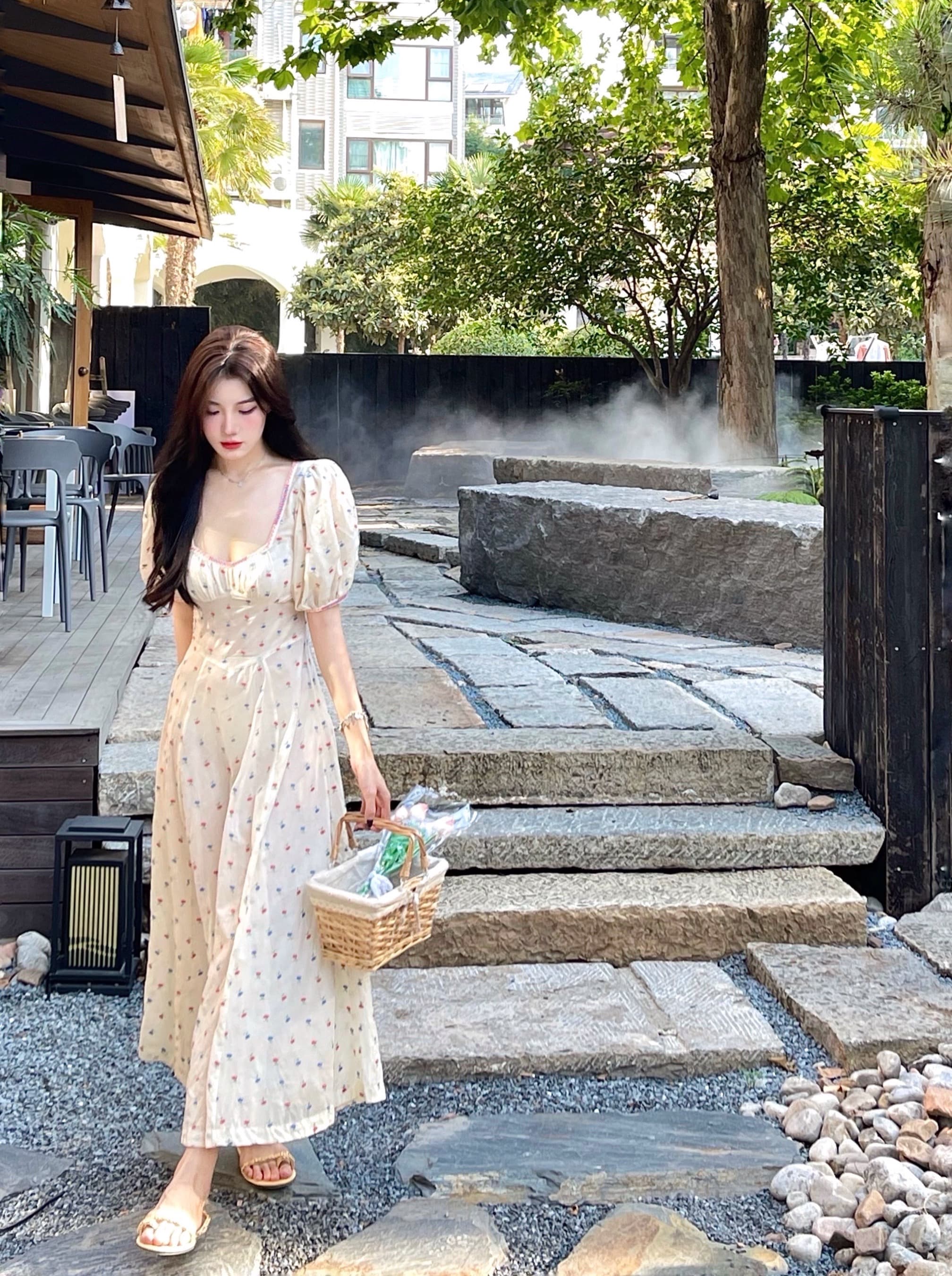 ロングワンピース シャツ 小花柄パフスリーブロングワンピース
