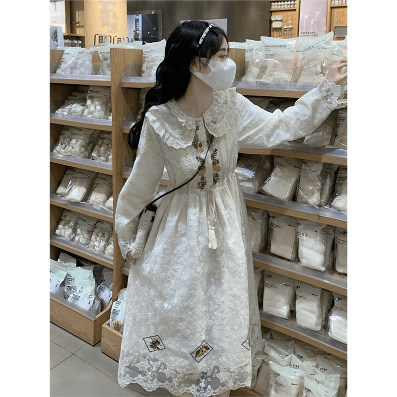 ロングワンピース レース 襟付き花柄刺繍レースロングワンピース
