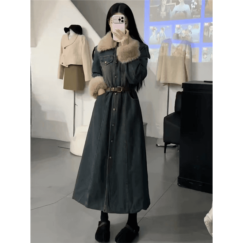 ロングワンピース ファー付きデニムロングワンピース