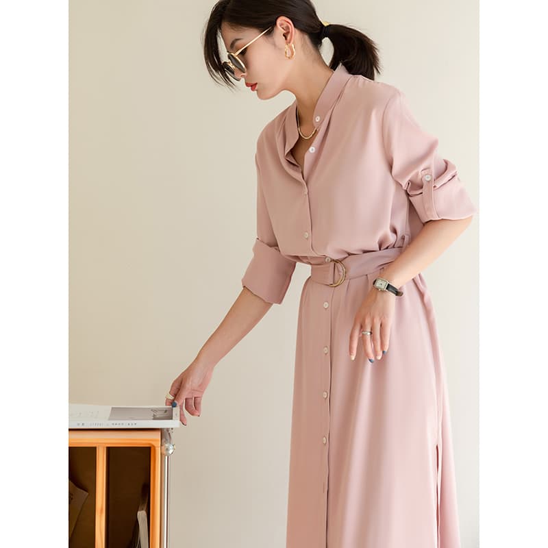 ロングワンピース シャツ ベルト付きシャツタイプロングワンピース