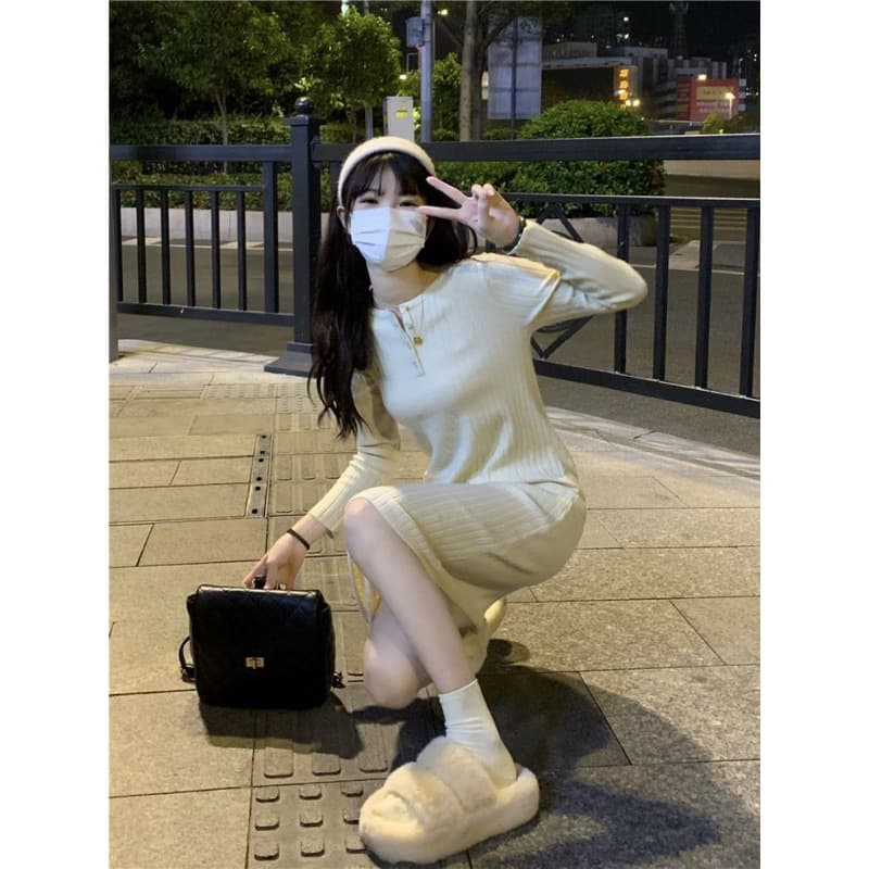 ロングワンピース しなやかリブ編みワンピース