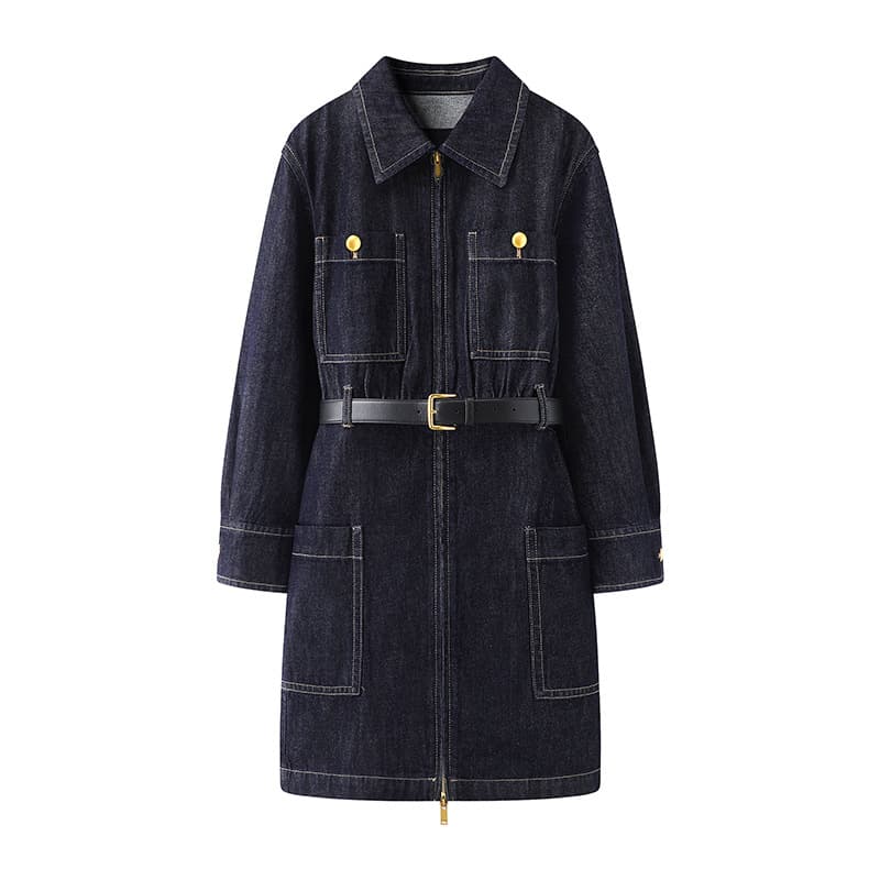 ロングワンピース シンプルジップデニムワンピース