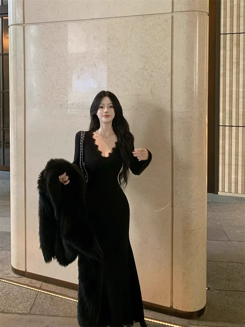 ロングワンピース 優美なレースデコルテマーメイドワンピース