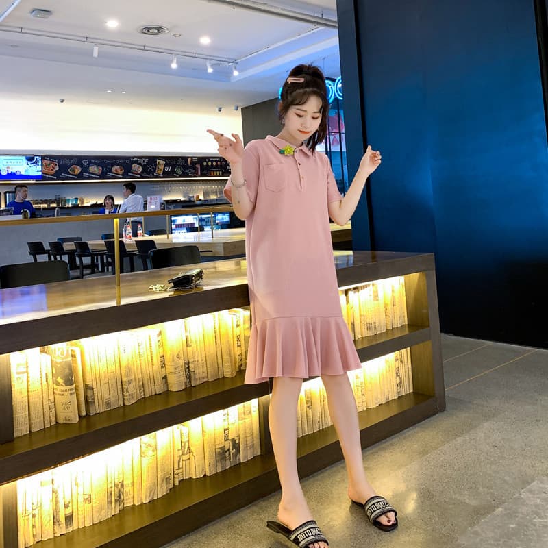 ロングワンピース ポロシャツ 裾フリル切替ポロ襟ロングワンピース