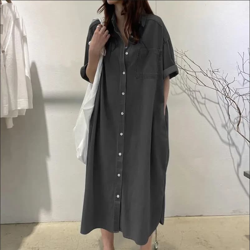 ロングワンピース ゆったりシルエット五分袖デニムワンピース