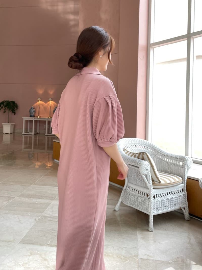 ロングワンピース ポロシャツ 襟付きリブニットロングワンピース前開きボタン