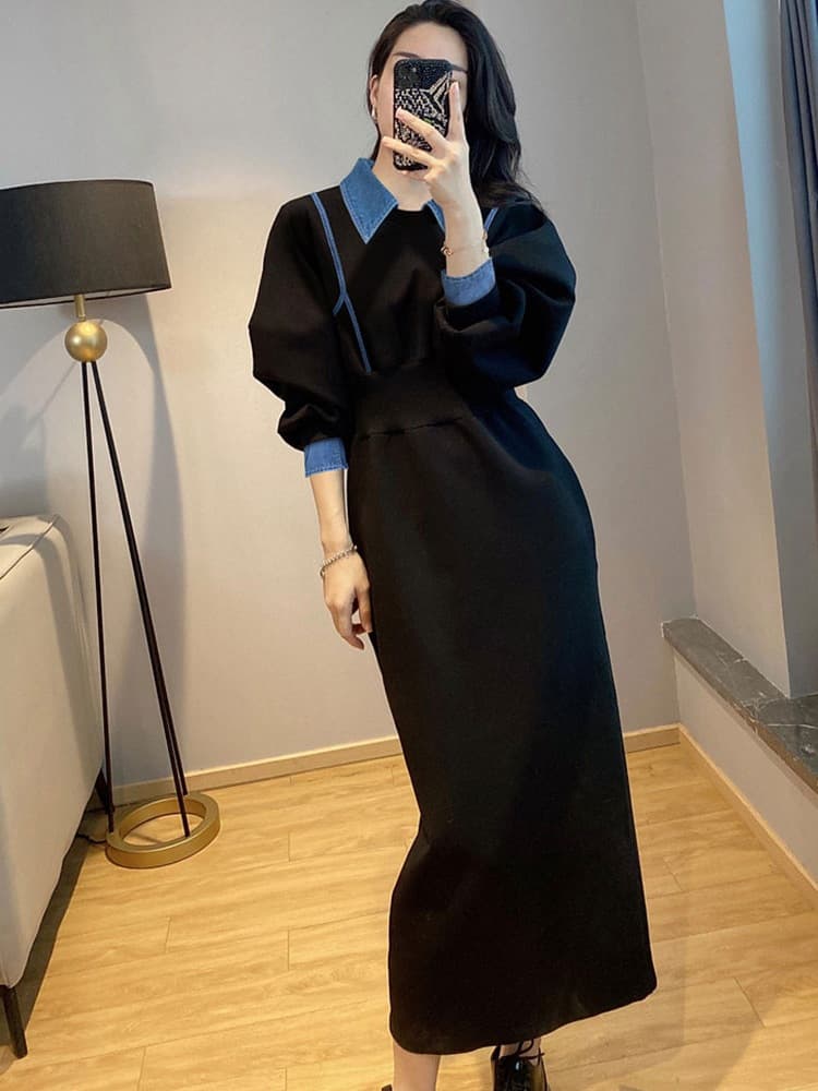 ロングワンピース 天使のような優美なデニム襟切替えロングワンピース