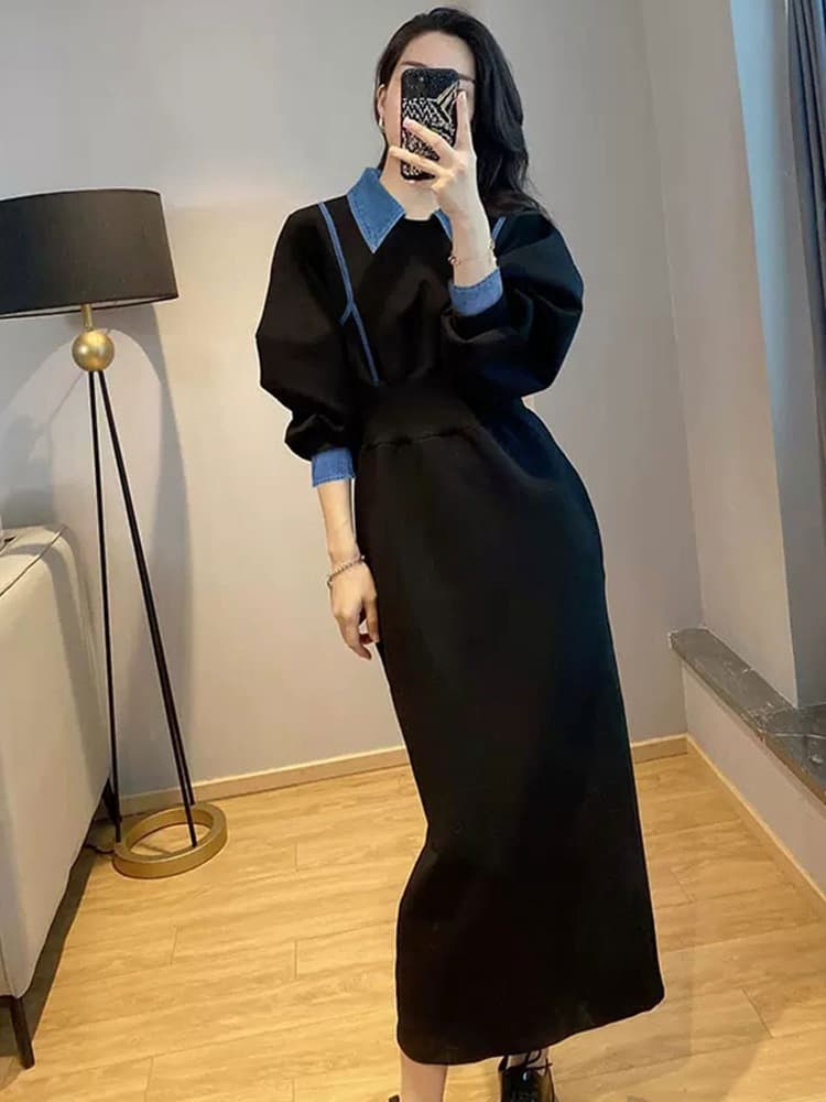 ロングワンピース 天使のような優美なデニム襟切替えロングワンピース